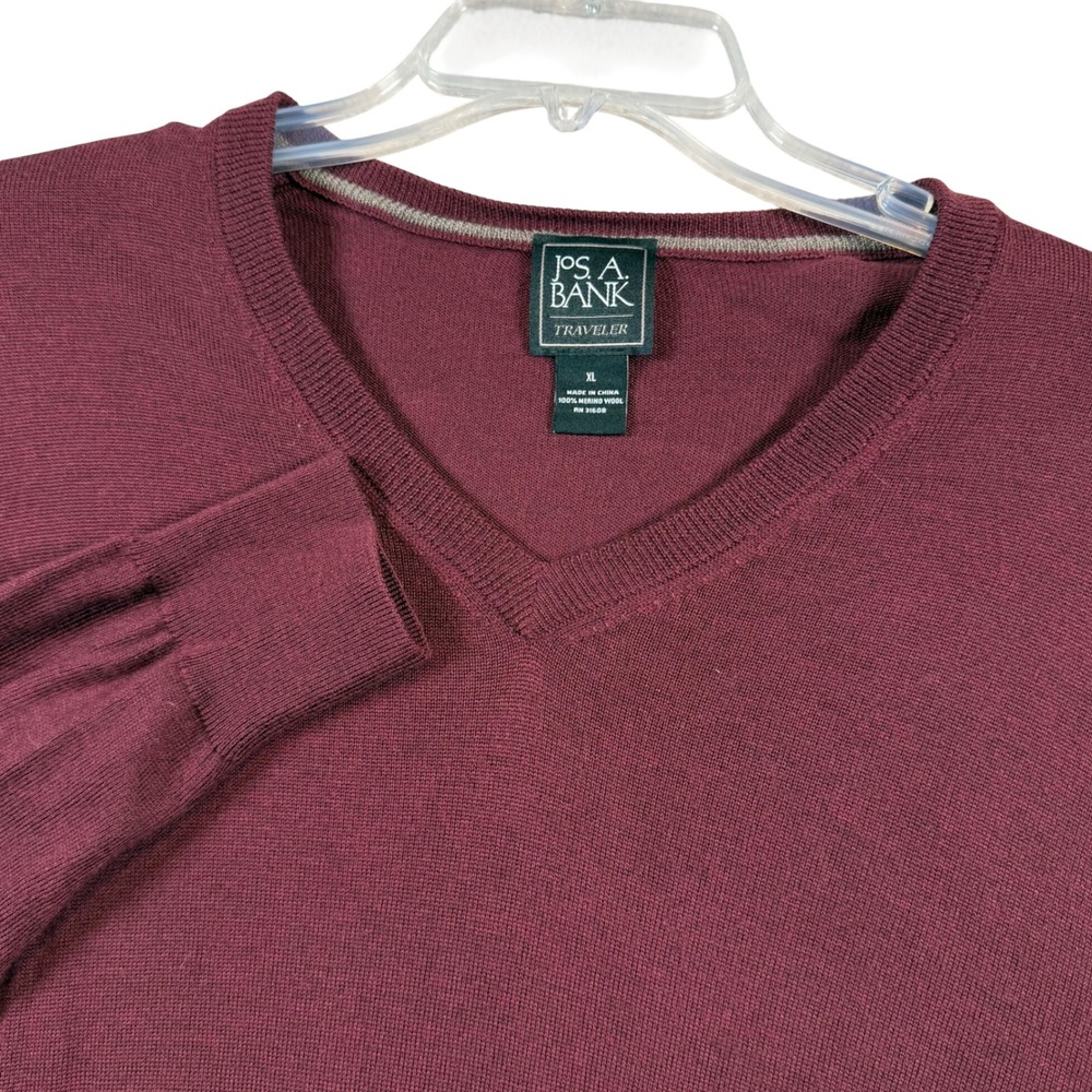 Jos. A. Bank V-Neck‎ Sweater Men XL Burgundy 100% Merino Wool Long Sleeve